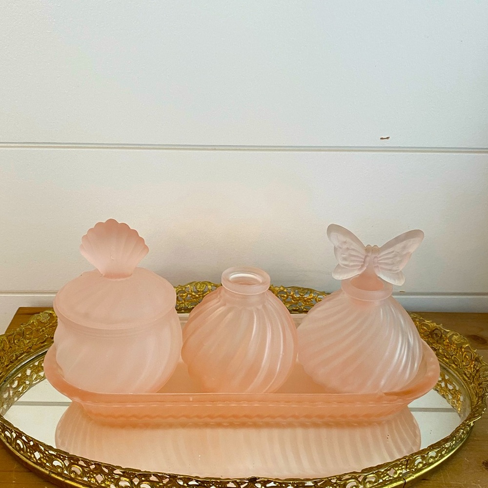 Frosted Pink Swirled Glass Vanity Beauty Decanter Set Hollywood Regency Romantic
